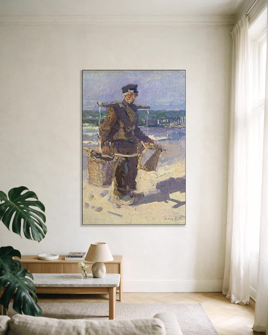 De schelpenvisser in een aluminium frame aan dezelfde muur