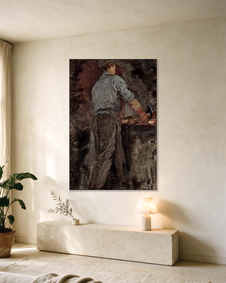 Een smid, van achteren gezien in een aluminium frame aan dezelfde muur