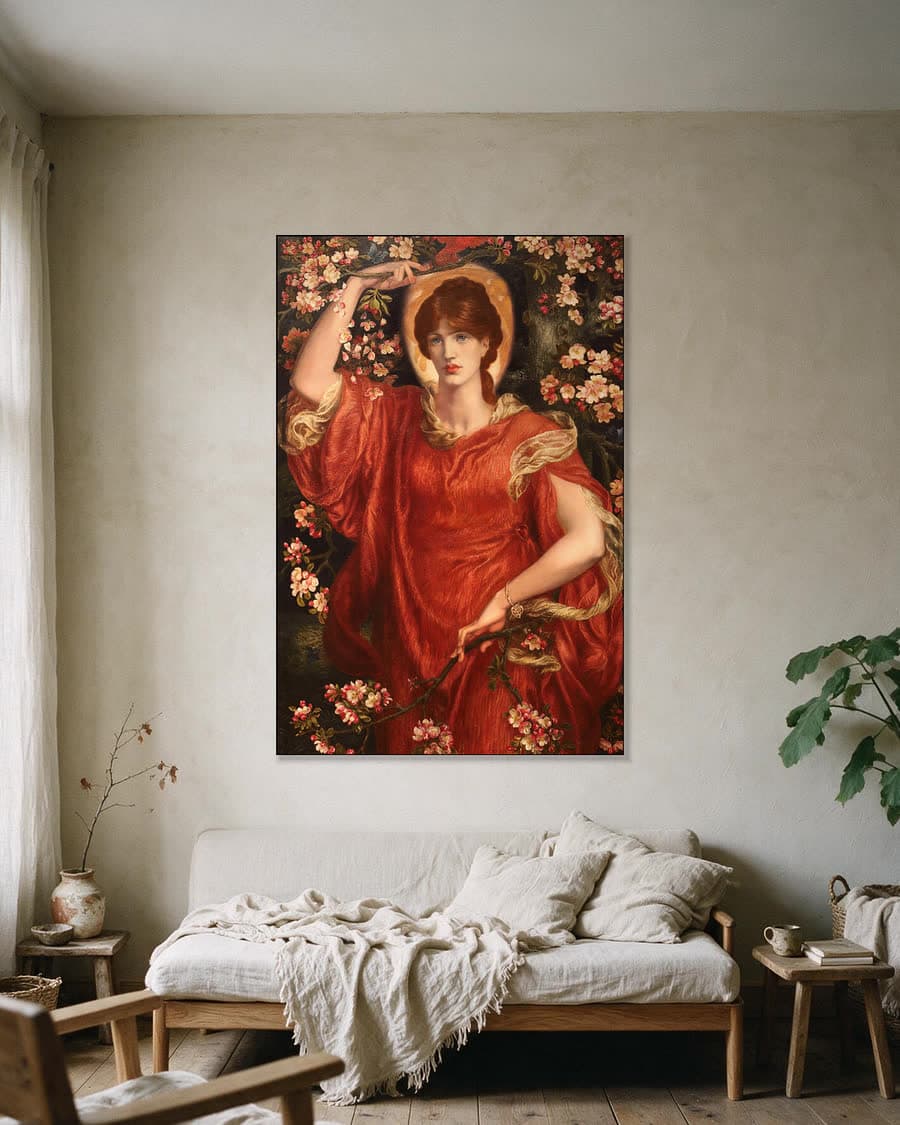Een visioen van Fiammetta in een aluminium frame aan dezelfde muur