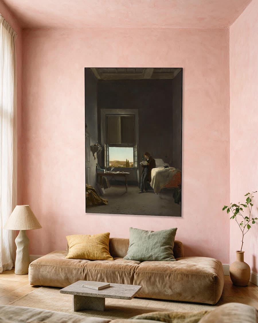 De kunstenaar op zijn kamer in de Villa Medici, Rome in een aluminium frame aan dezelfde muur