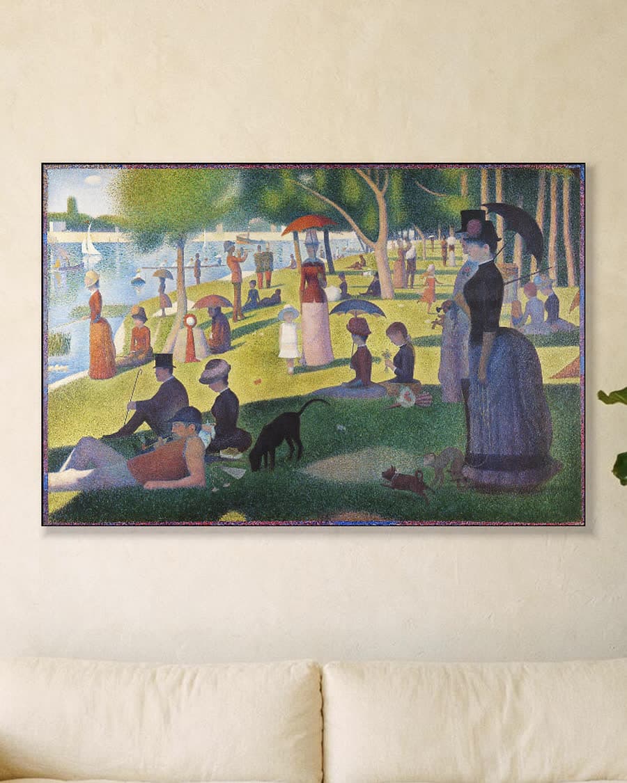 Een zondagmiddag op het eiland La Grande Jatte in een aluminium frame aan dezelfde muur