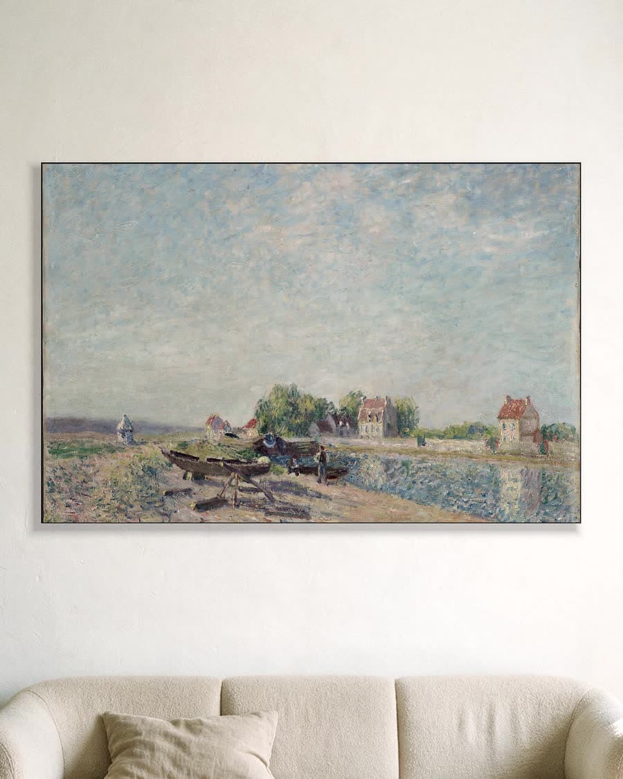 Saint-Mammès, het kanaal van de Loing in een aluminium frame aan dezelfde muur