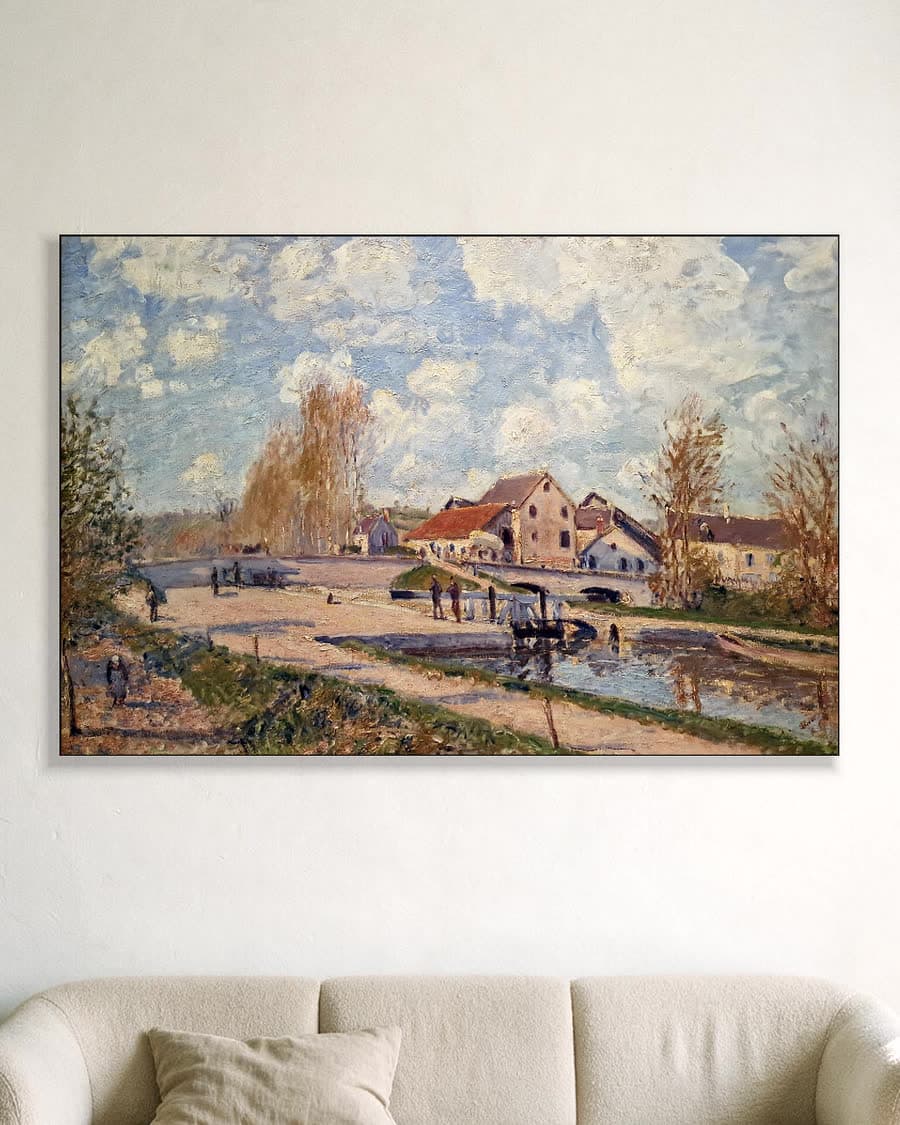 Het kanaal van de Loing bij Moret in een aluminium frame aan dezelfde muur