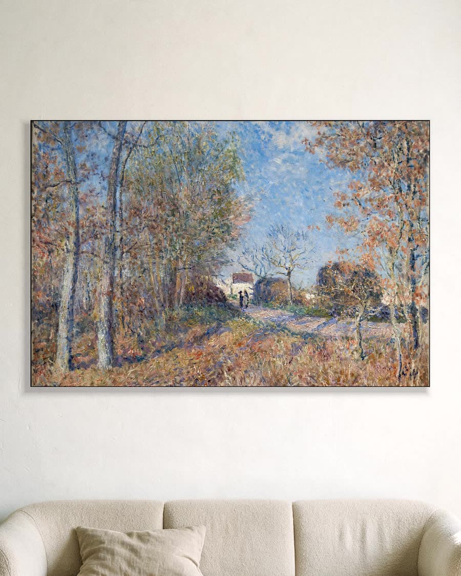 Een bospartij bij Les Sablons in een aluminium frame aan dezelfde muur