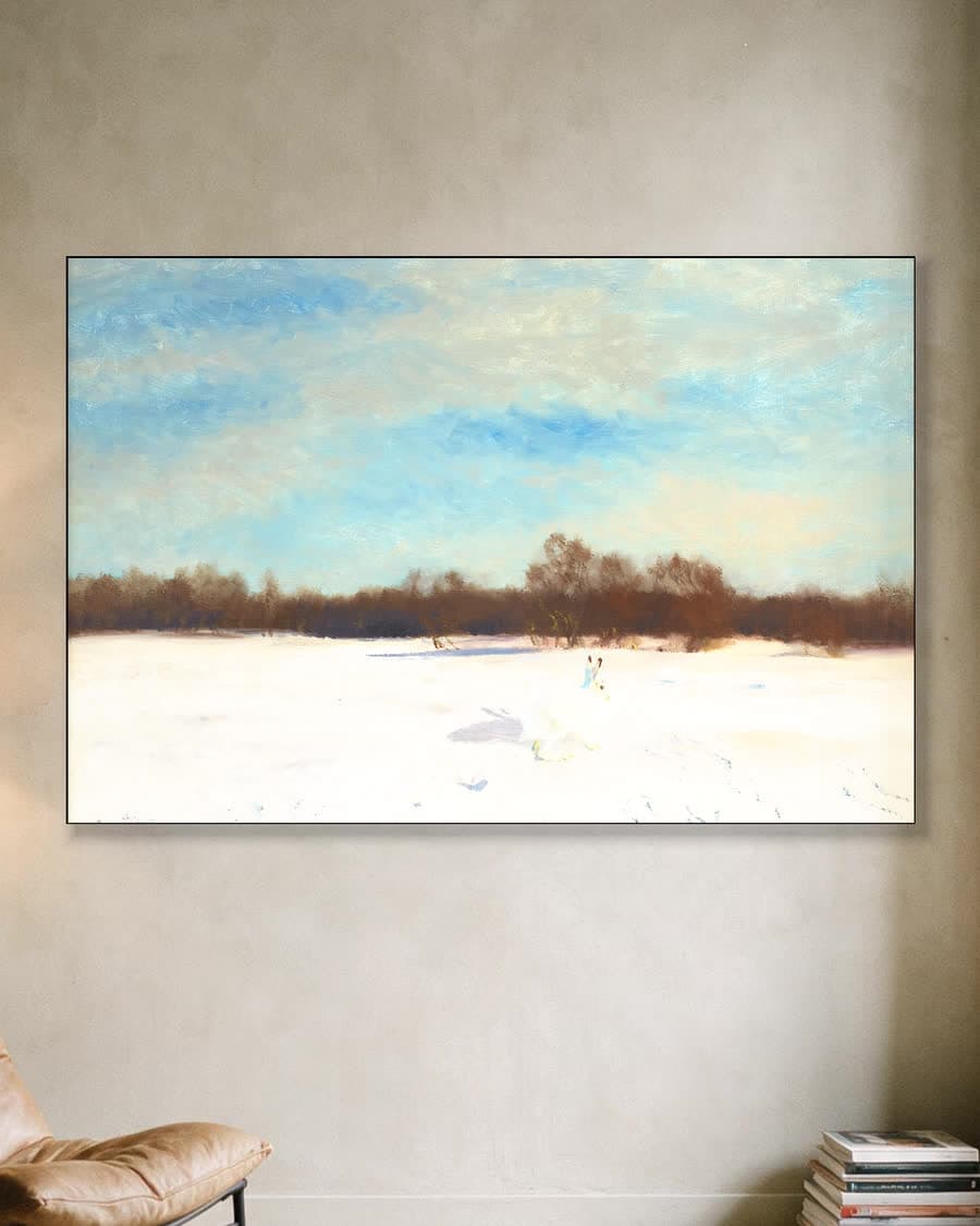 Haas in het winterlandschap in een aluminium frame aan dezelfde muur