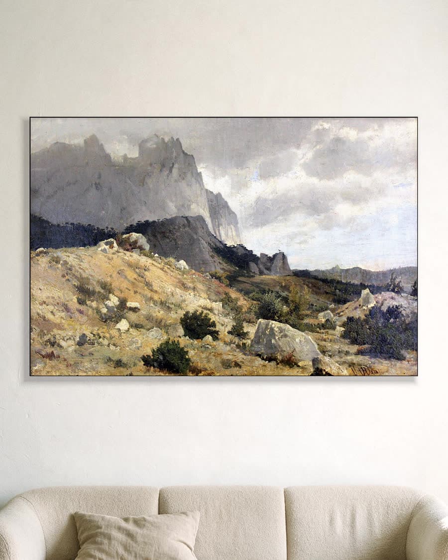 Rotsachtig landschap in een aluminium frame aan dezelfde muur