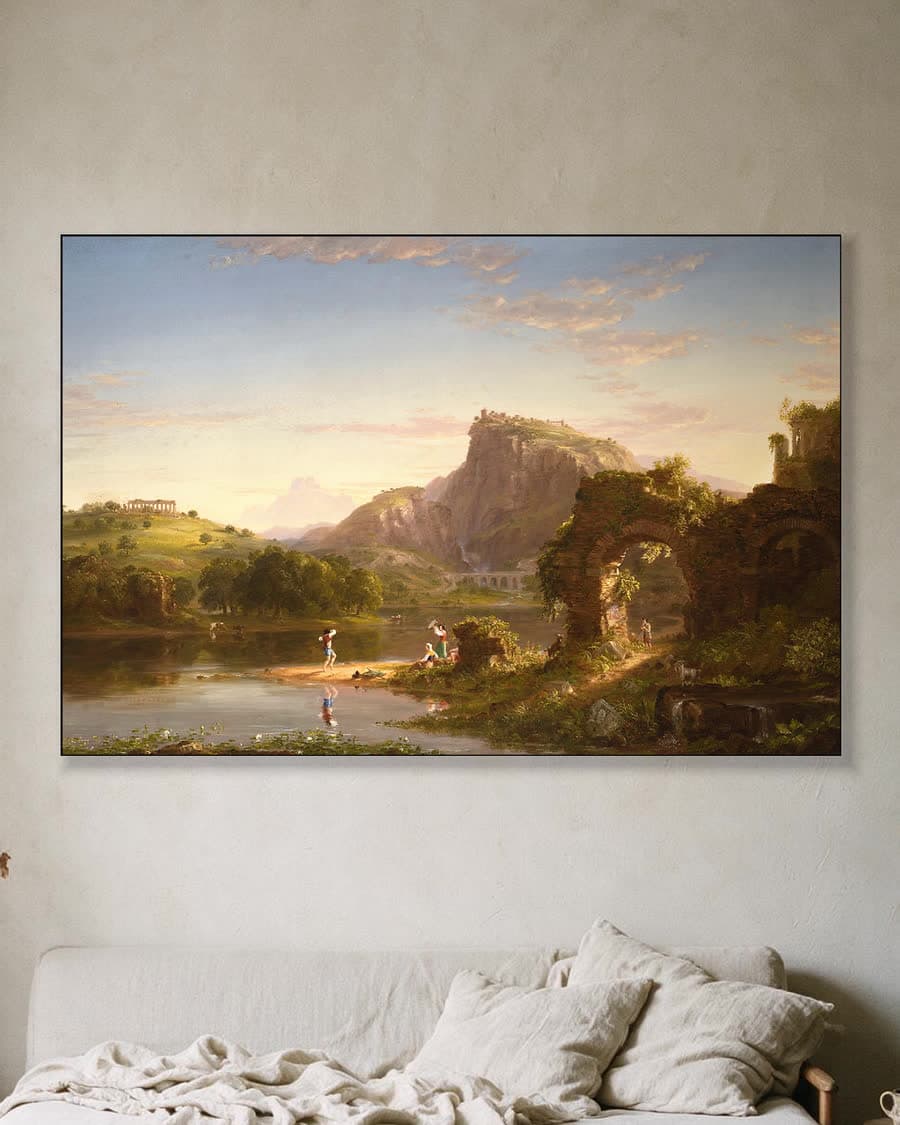 Klassiek Landschap met Ruïnes in een aluminium frame aan dezelfde muur