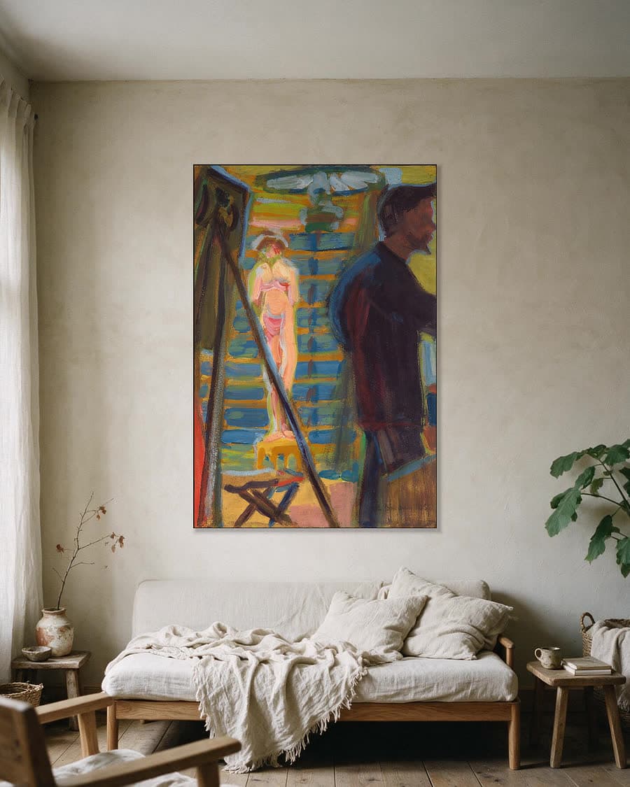 Erich Heckel en model in het atelier in een aluminium frame aan dezelfde muur