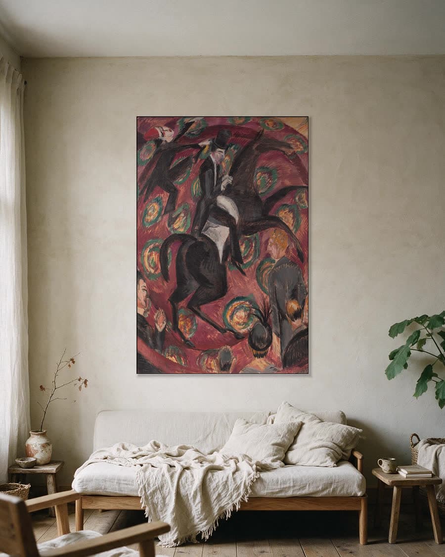 Circusruiter in een aluminium frame aan dezelfde muur