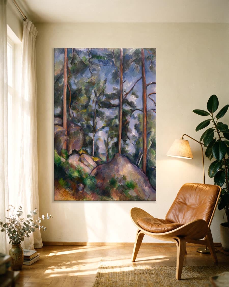 Dennen en rotsen bij Fontainebleau in een aluminium frame aan dezelfde muur