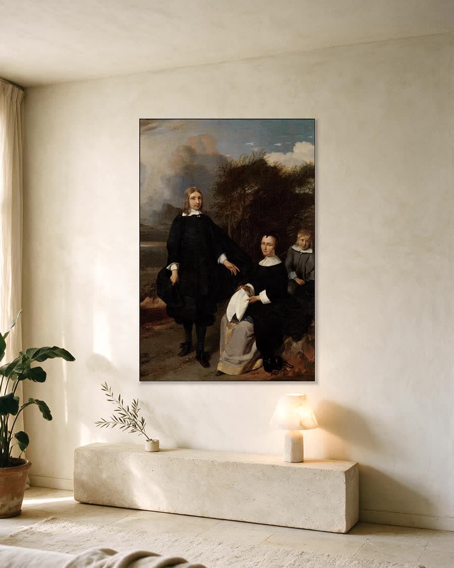 Familiegroep in een landschap in een aluminium frame aan dezelfde muur
