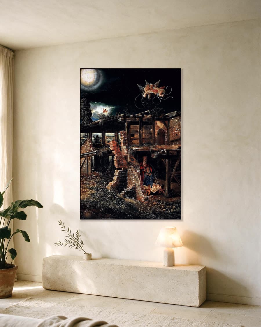 De geboorte van Christus in een aluminium frame aan dezelfde muur