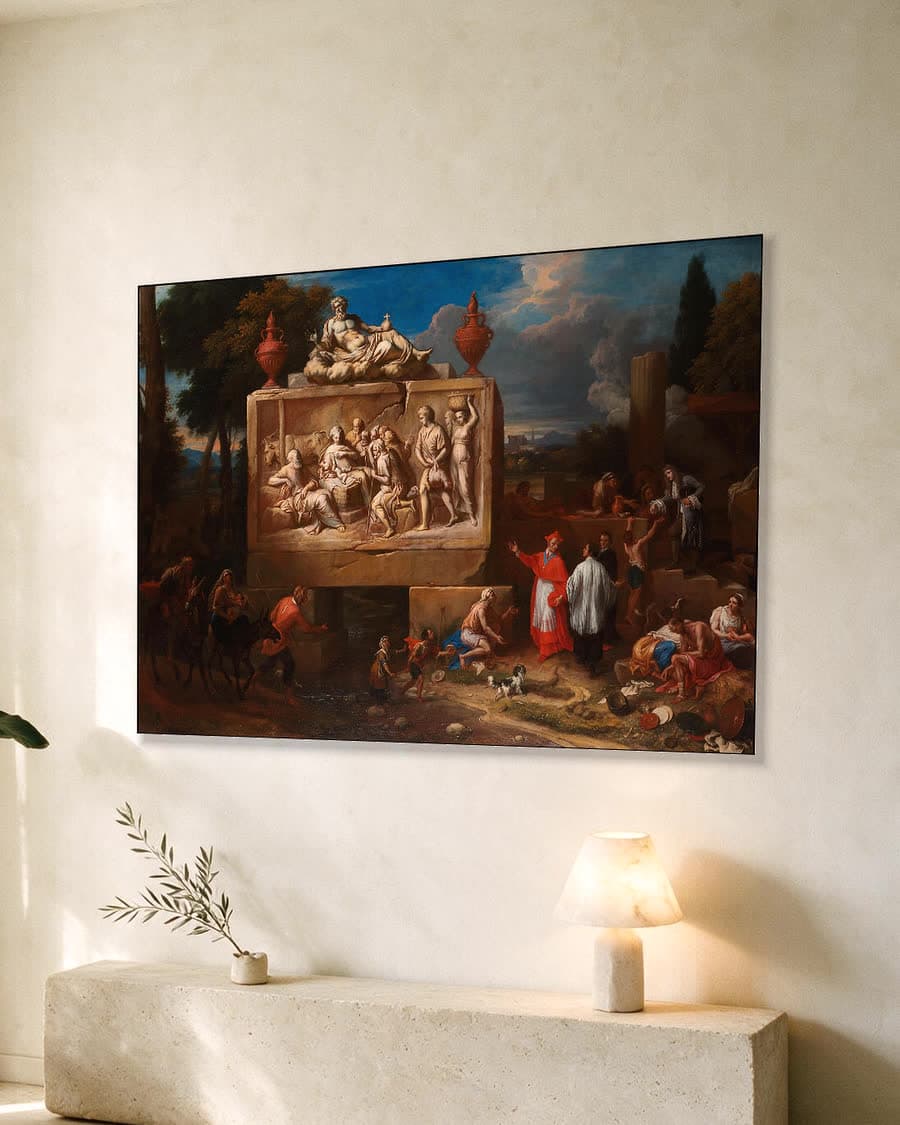 Fantasielandschap met de heilige Carlo Borromeo in een aluminium frame aan dezelfde muur