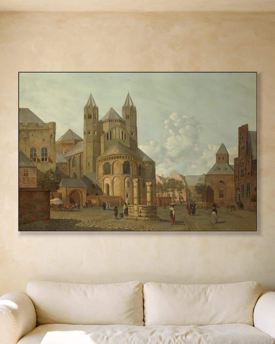 Fantasiestadsgezicht met romaanse kerk in een aluminium frame aan dezelfde muur