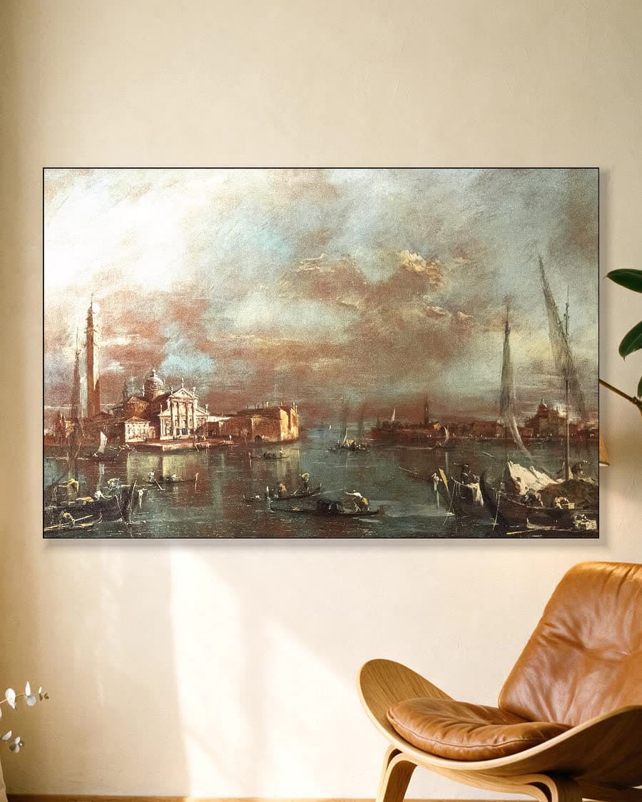 Venetiaanse haven in de schemering in een aluminium frame aan dezelfde muur