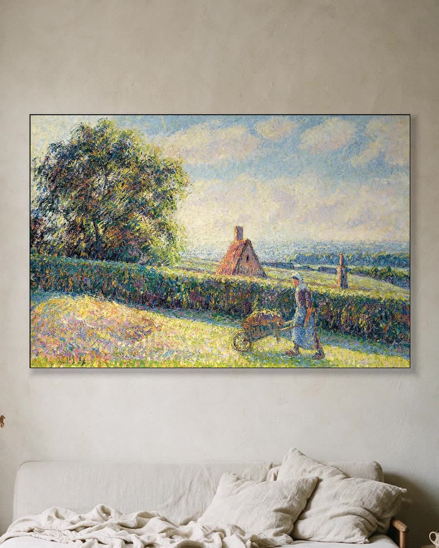 Vrouw met een kruiwagen, Éragny in een aluminium frame aan dezelfde muur