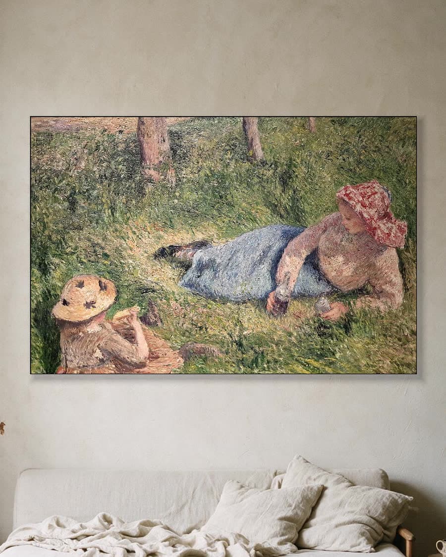 Middagrust, meisje en jonge boerin in een aluminium frame aan dezelfde muur
