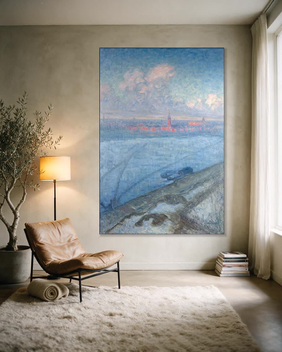 De stad bij zonsondergang in een aluminium frame aan dezelfde muur