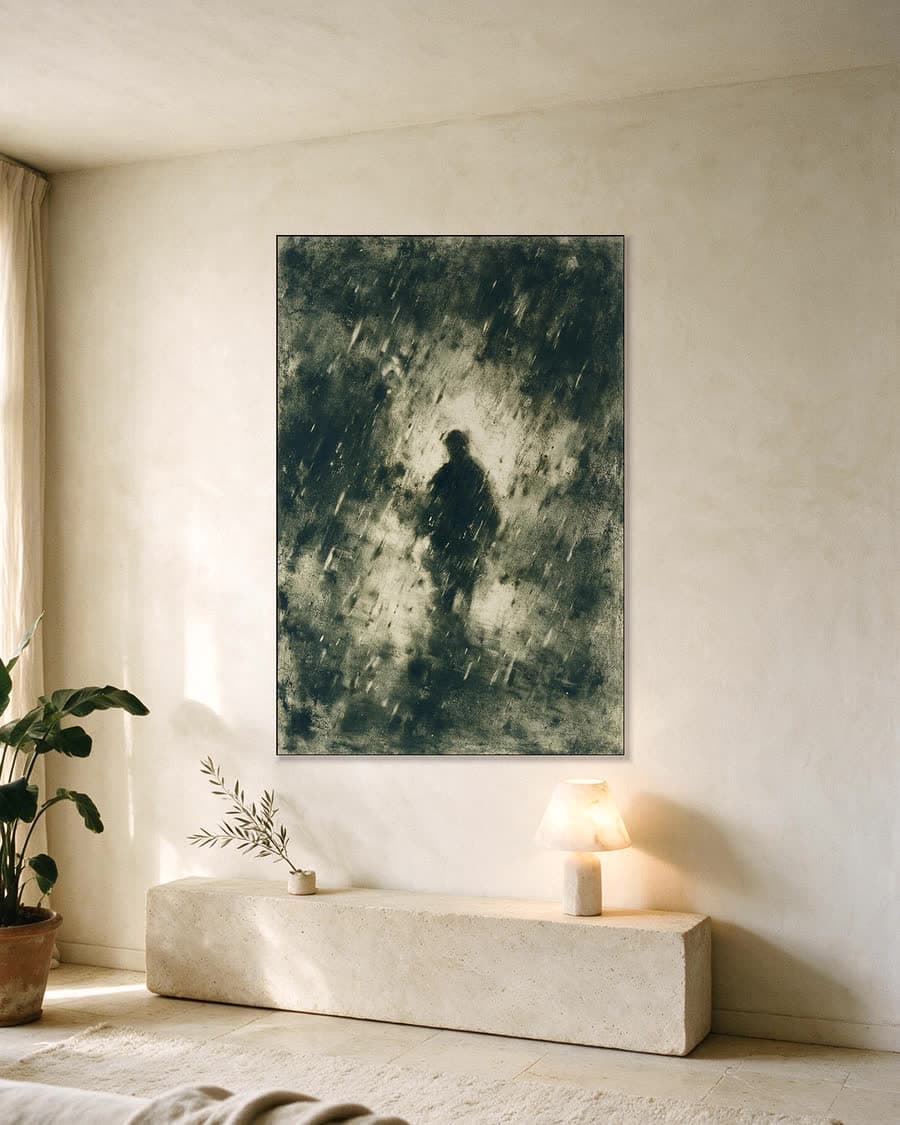 Figuur in de regen in een aluminium frame aan dezelfde muur