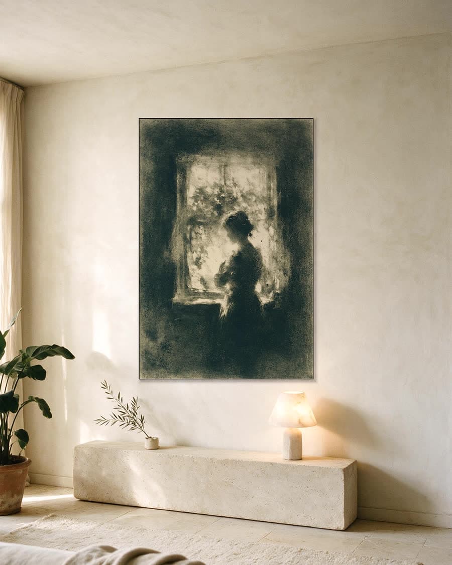 Vrouw bij het raam in een aluminium frame aan dezelfde muur