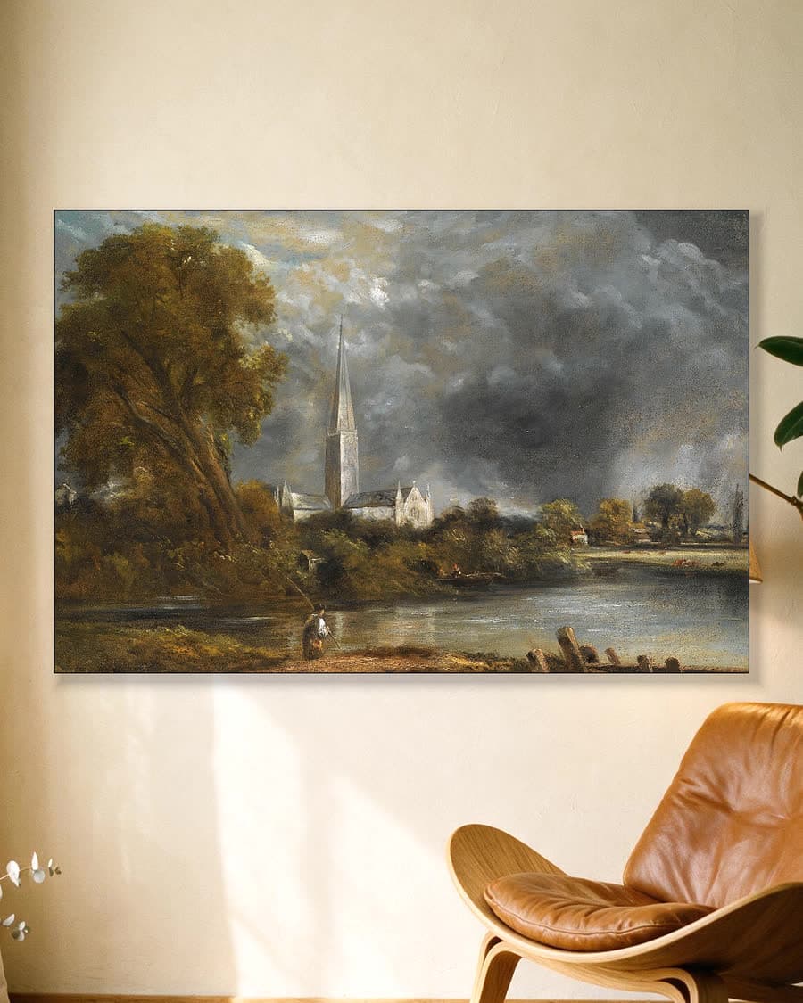 Salisbury Cathedral from the Meadows in een aluminium frame aan dezelfde muur