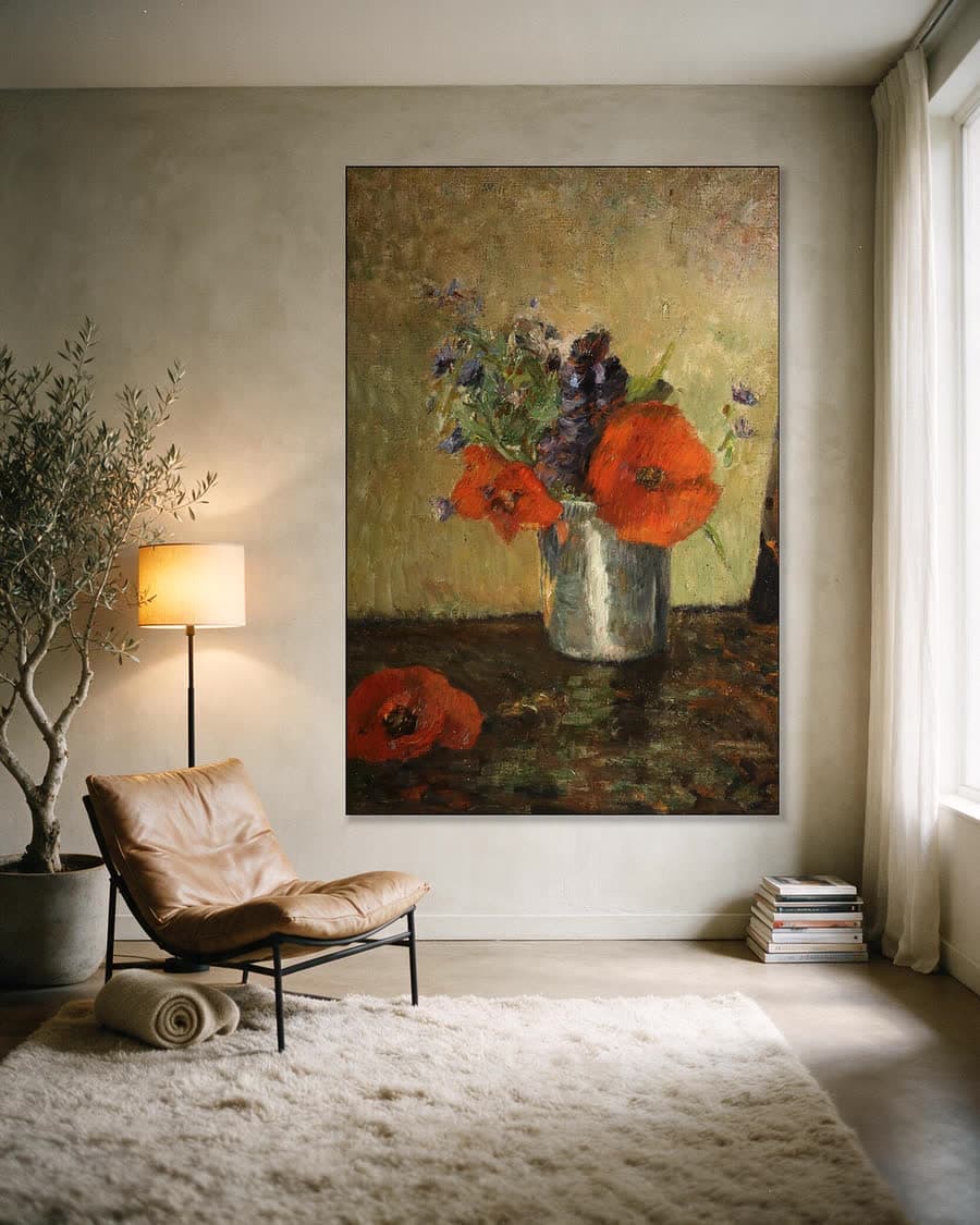 Zomerbloemen in een beker in een aluminium frame aan dezelfde muur