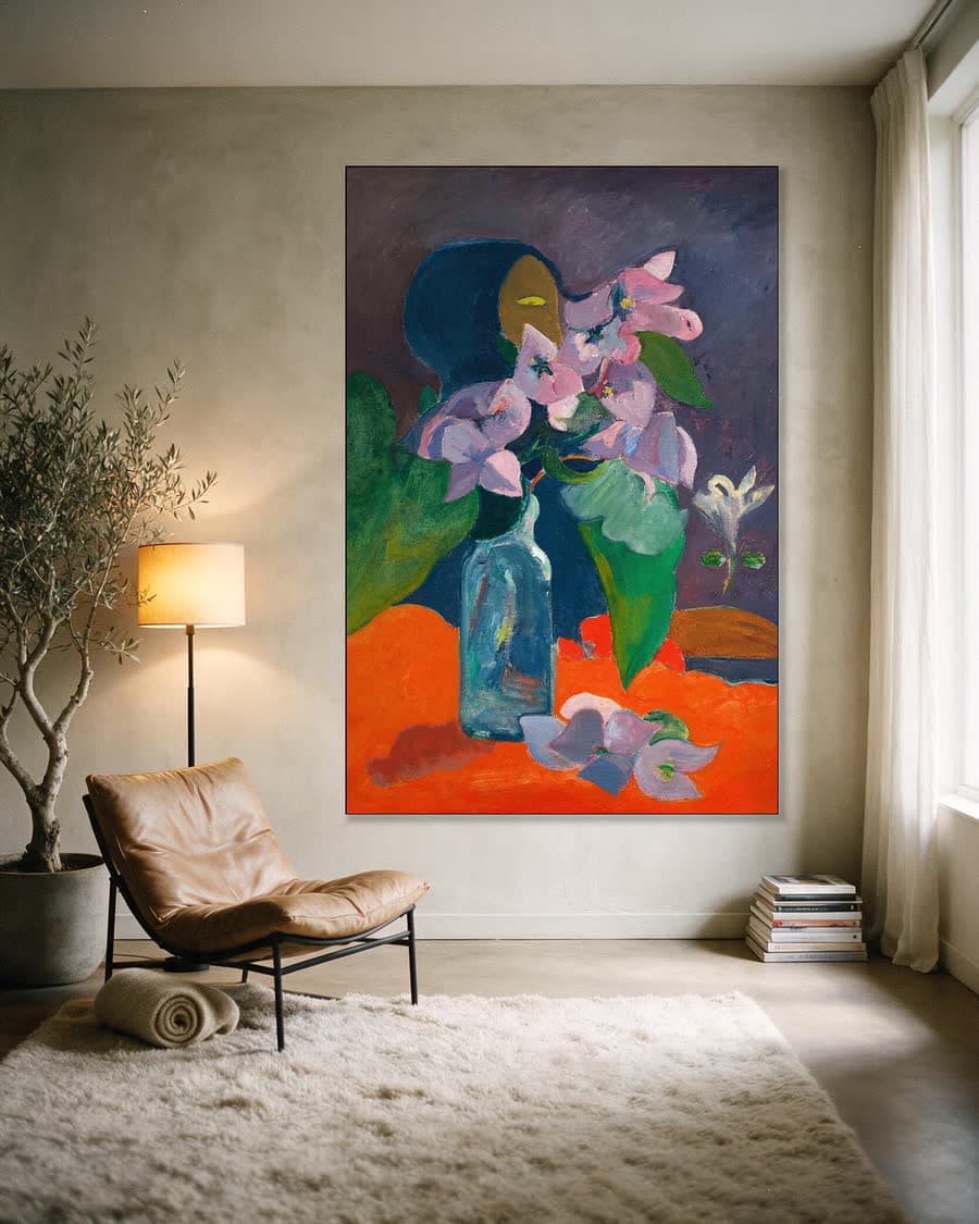 Stilleven met bloemen en idool in een aluminium frame aan dezelfde muur