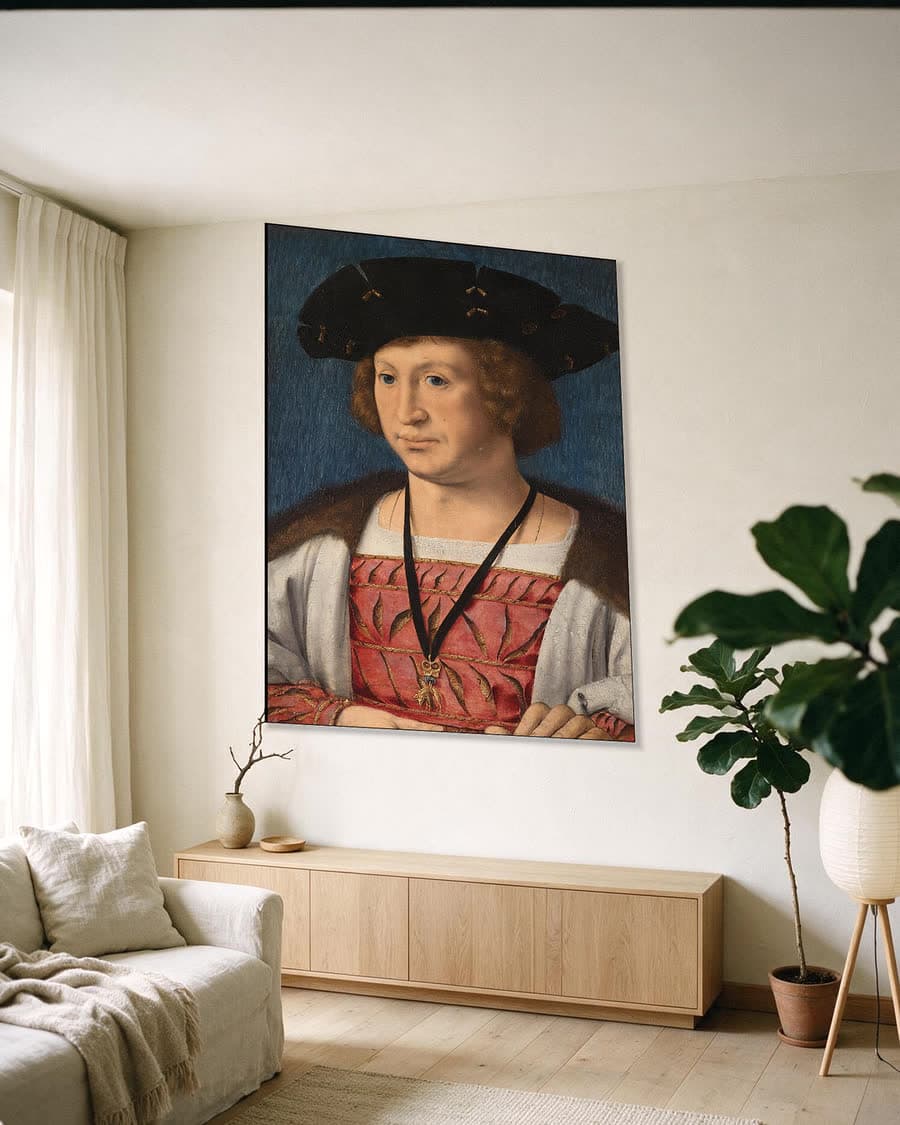Floris van Egmond (1469-1539), graaf van Buren en Leerdam in een aluminium frame aan dezelfde muur