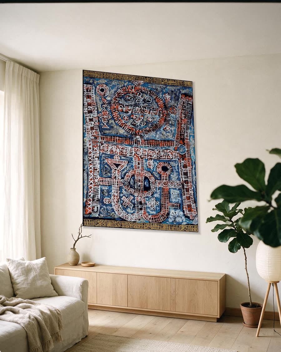Abstract Weefsel in een aluminium frame aan dezelfde muur