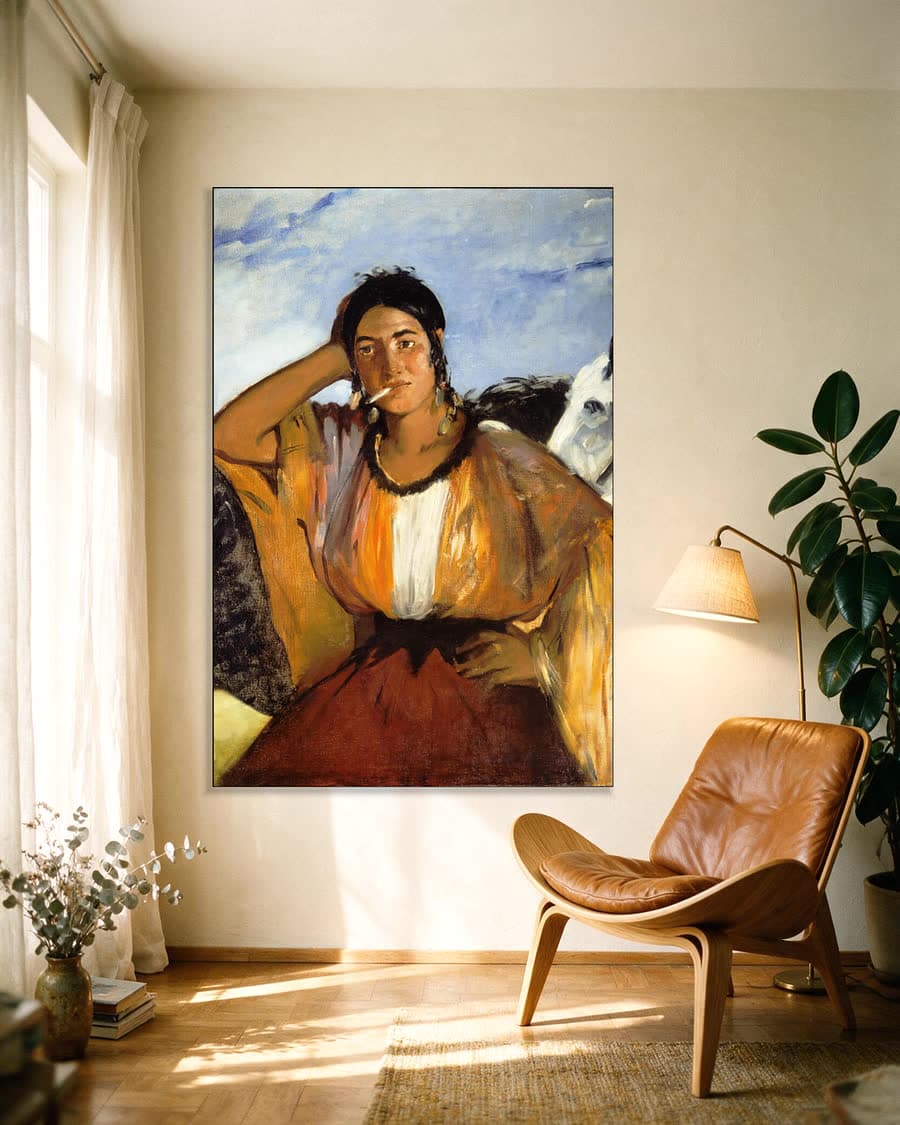 Zigeunerin met een sigaret in een aluminium frame aan dezelfde muur