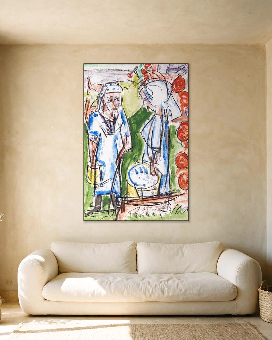 Boerinnen bij de bron op de Stafelalp in een aluminium frame aan dezelfde muur