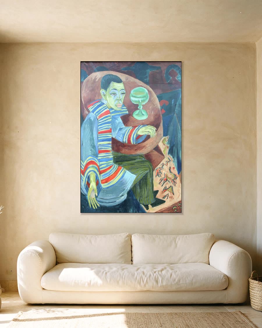 De drinker, zelfportret in een aluminium frame aan dezelfde muur
