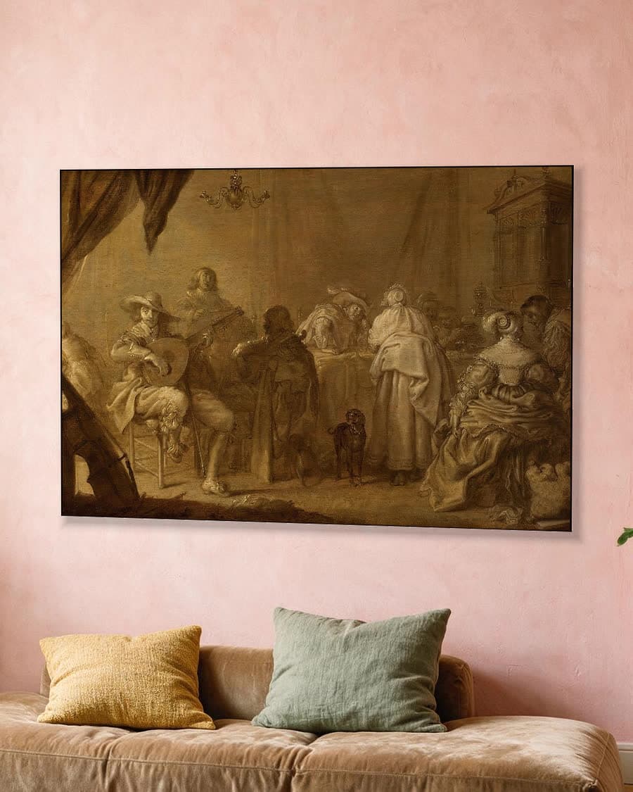Musicerend gezelschap in een aluminium frame aan dezelfde muur
