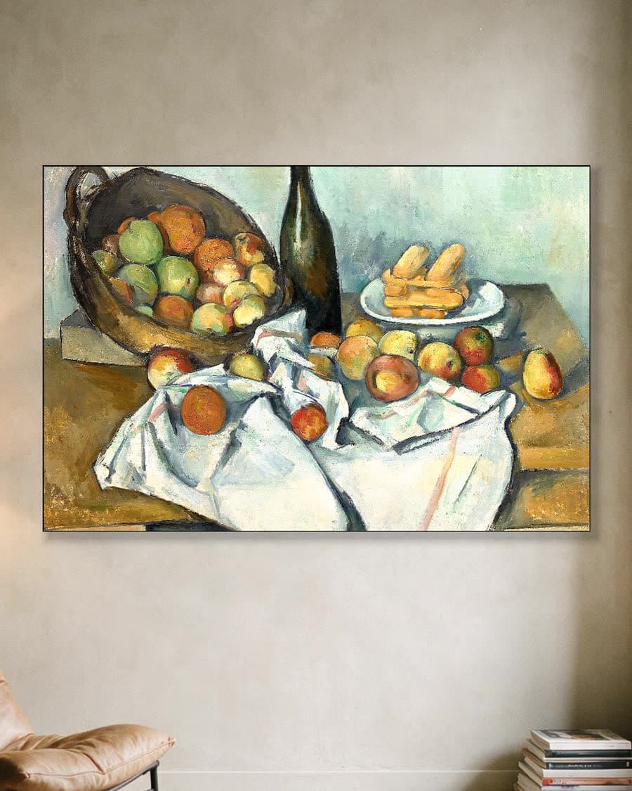 De mand met appels in een aluminium frame aan dezelfde muur