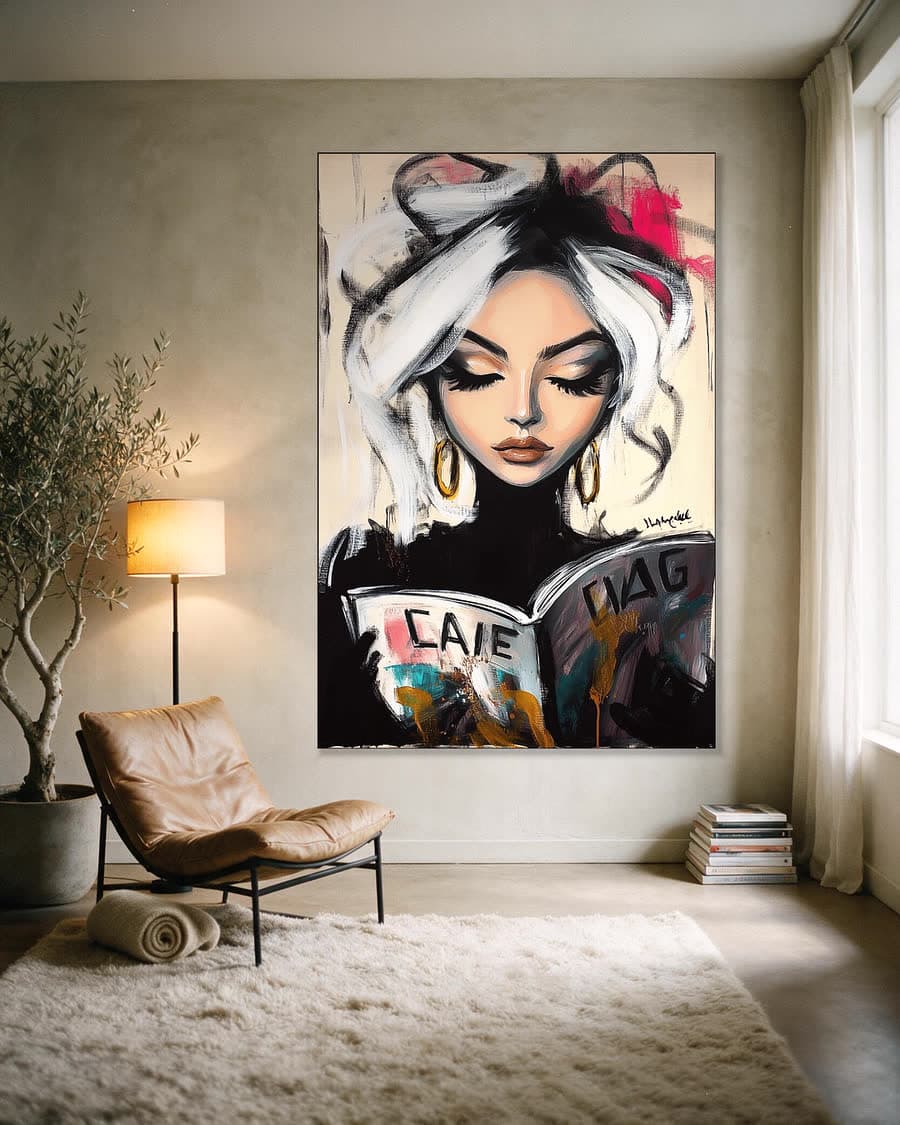 De lezeres in zwart in een aluminium frame aan dezelfde muur
