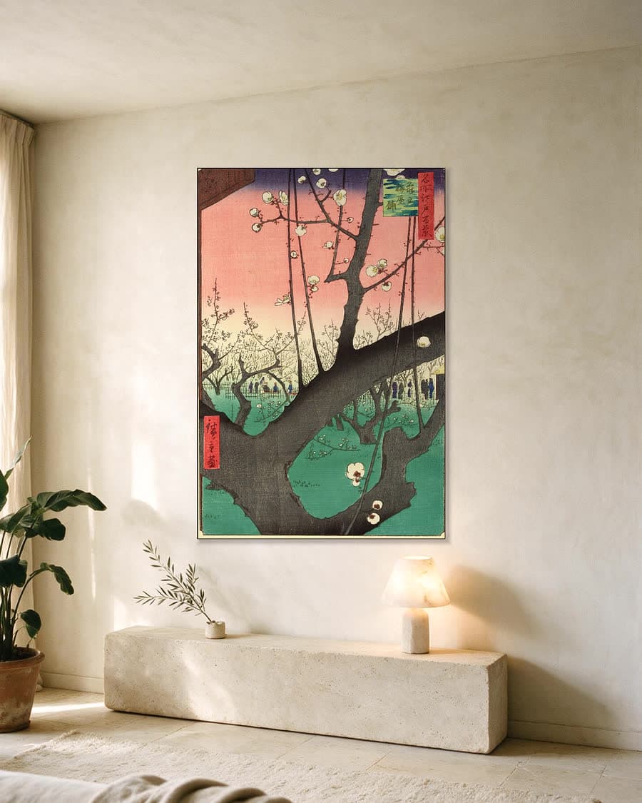 Pruimentuin in Kameido in een aluminium frame aan dezelfde muur