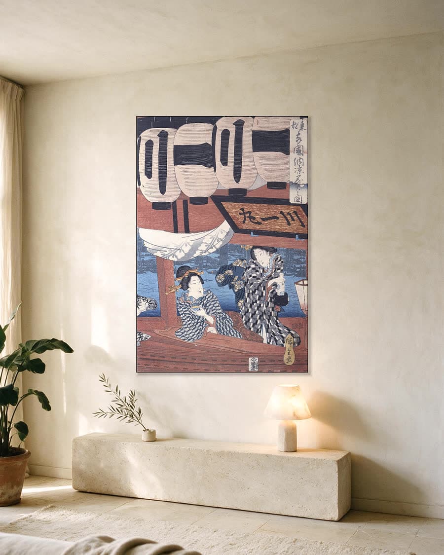 Vuurwerk en avondkoelte bij de Ryōgoku-brug in een aluminium frame aan dezelfde muur
