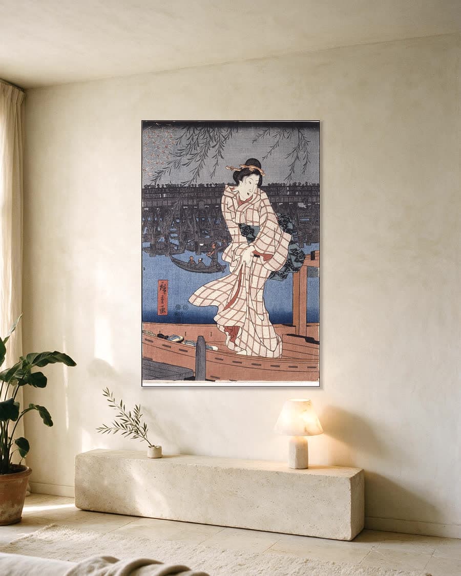 Avond aan de Sumida-rivier in een aluminium frame aan dezelfde muur