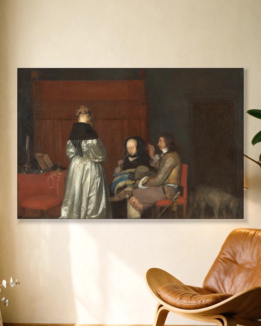 Galante conversatie (De vaderlijke vermaning) in een aluminium frame aan dezelfde muur