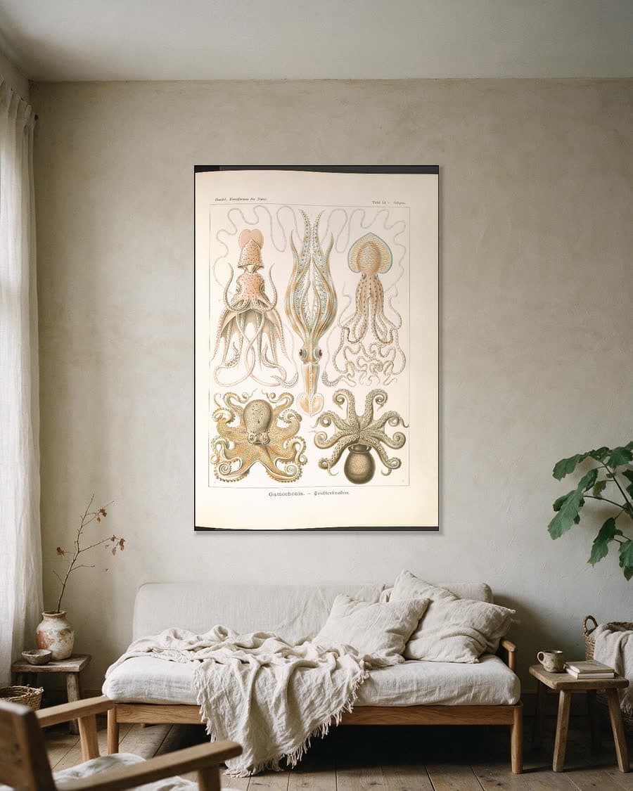 Gamochonia (Kunstformen der Natur, plaat 54) in een aluminium frame aan dezelfde muur