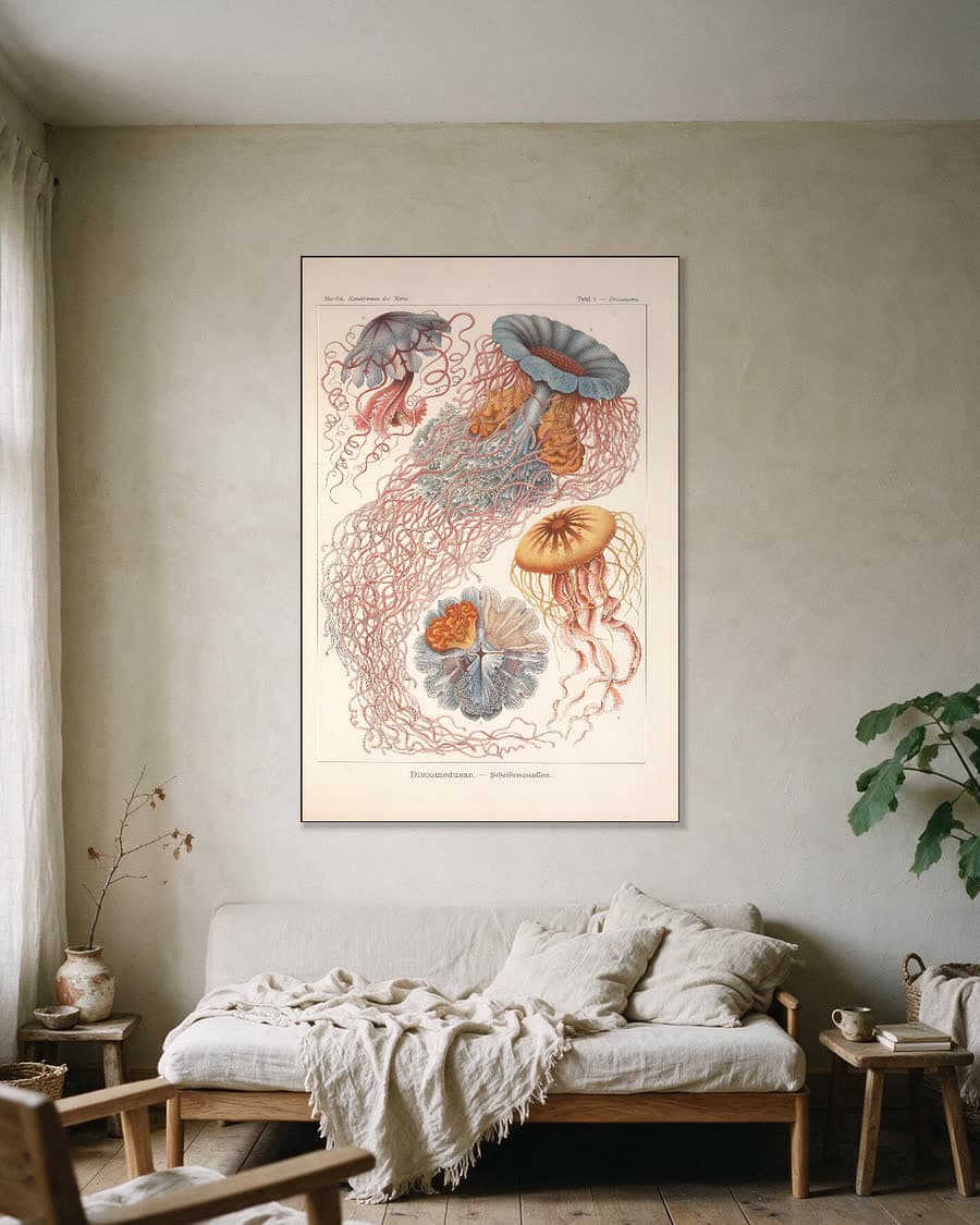Discomedusae (Kunstformen der Natur, plaat 8) in een aluminium frame aan dezelfde muur