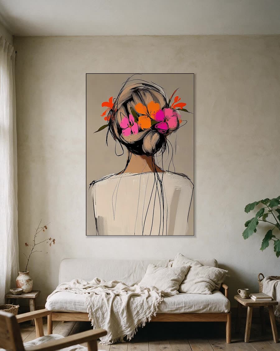 Bloemen in het haar in een aluminium frame aan dezelfde muur