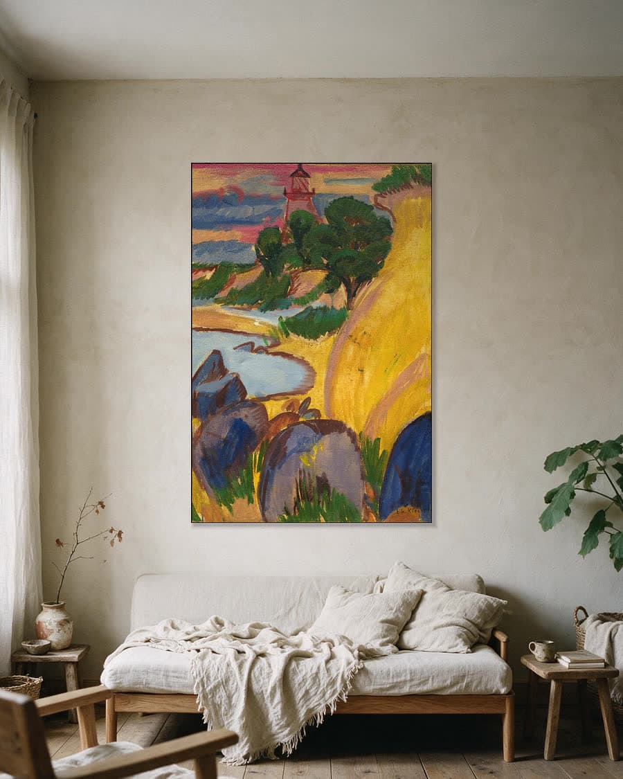 Vuurtoren achter de baai in een aluminium frame aan dezelfde muur