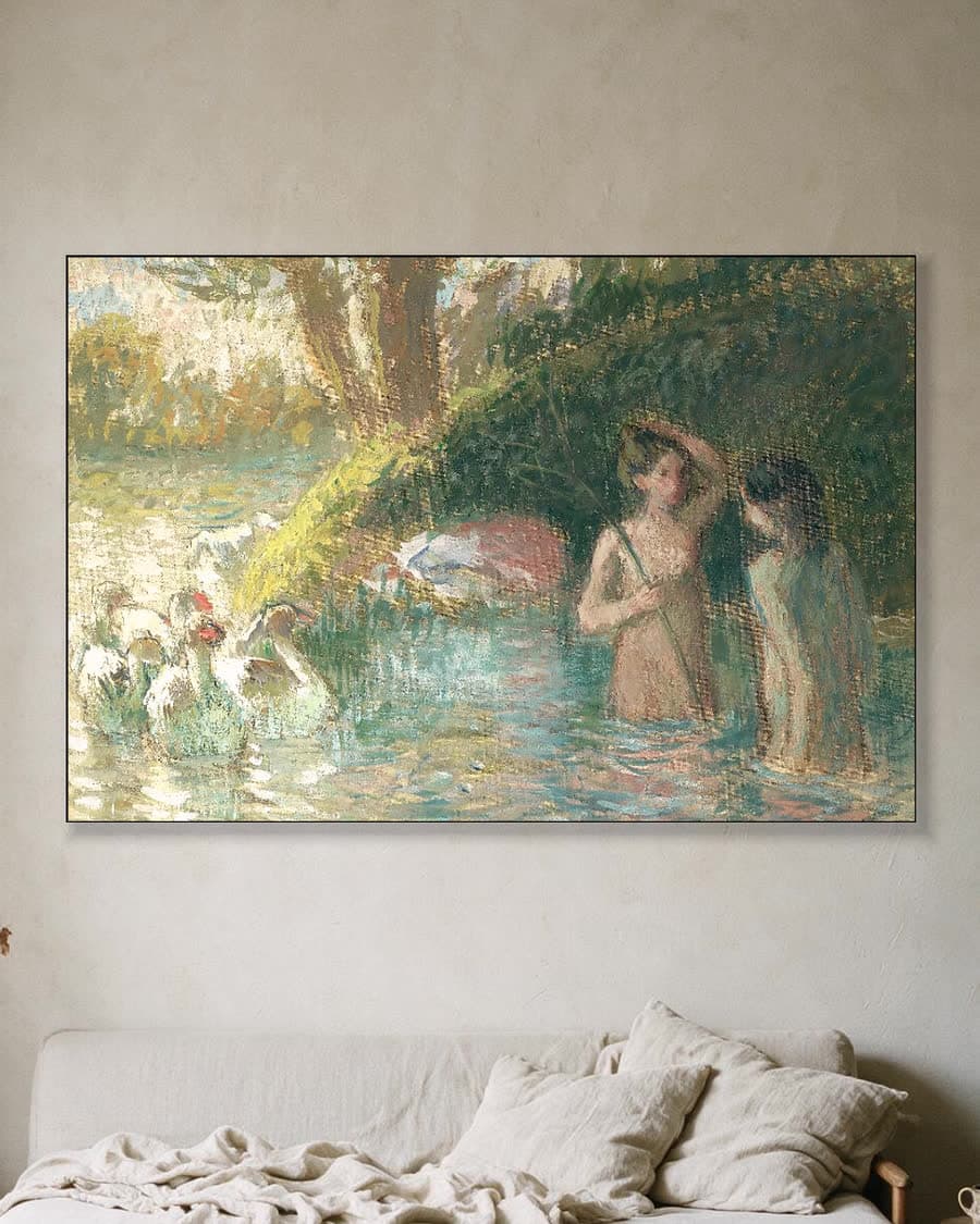 Badende ganzenhoedsters in een aluminium frame aan dezelfde muur