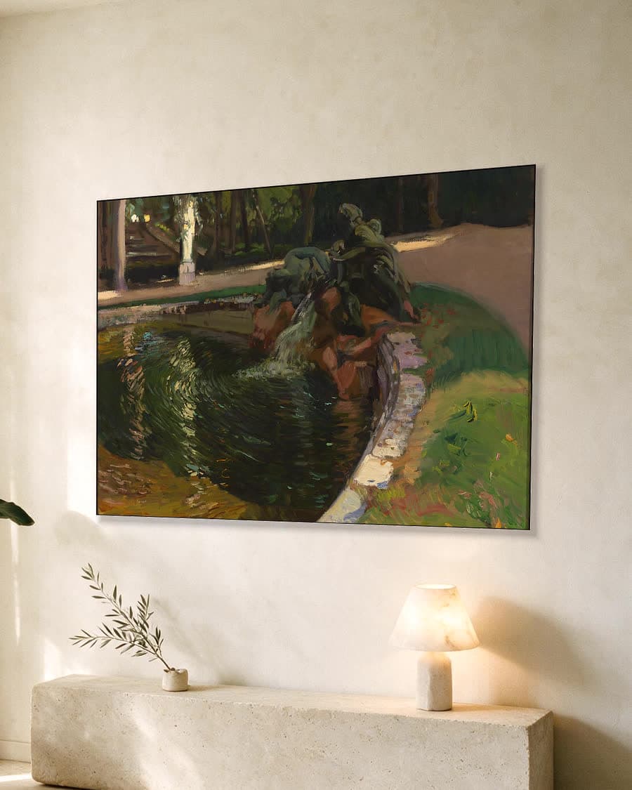Fontein in het bos van La Granja in een aluminium frame aan dezelfde muur