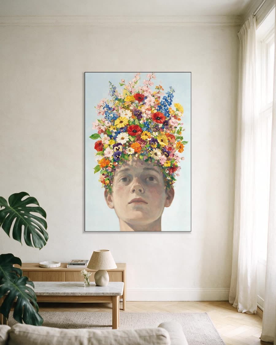 Kop van onderaf in een aluminium frame aan dezelfde muur