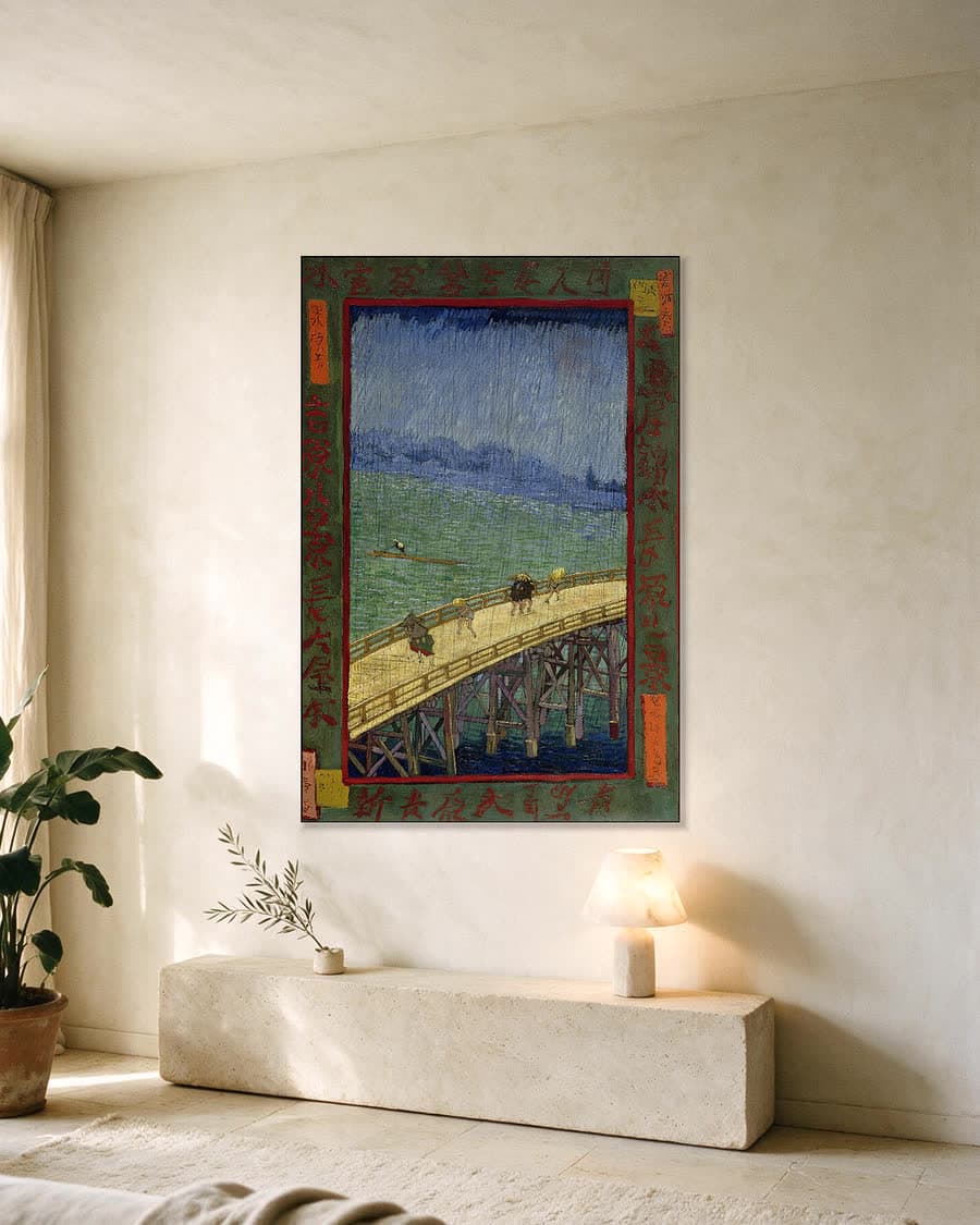 Brug in de regen (naar Hiroshige) in een aluminium frame aan dezelfde muur
