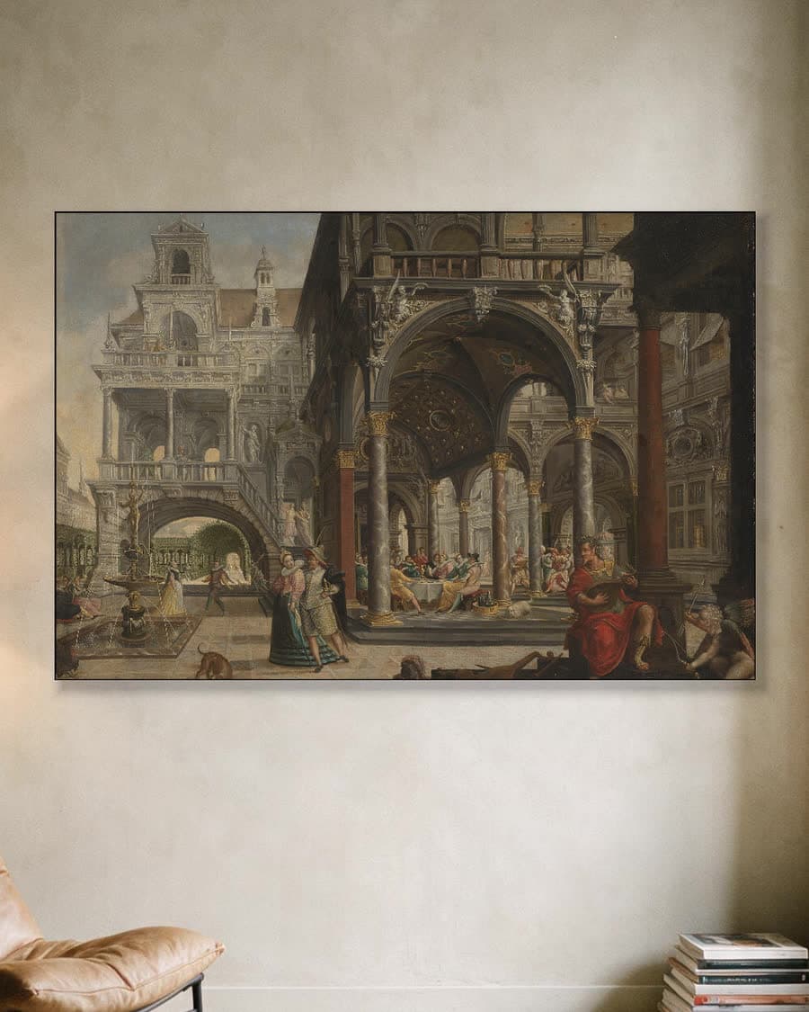 Gefantaseerd renaissancepaleis in een aluminium frame aan dezelfde muur