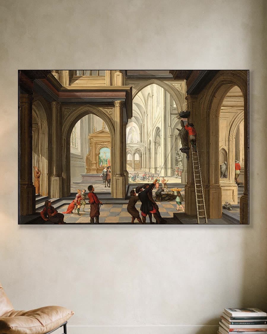 Beeldenstorm in een kerk in een aluminium frame aan dezelfde muur