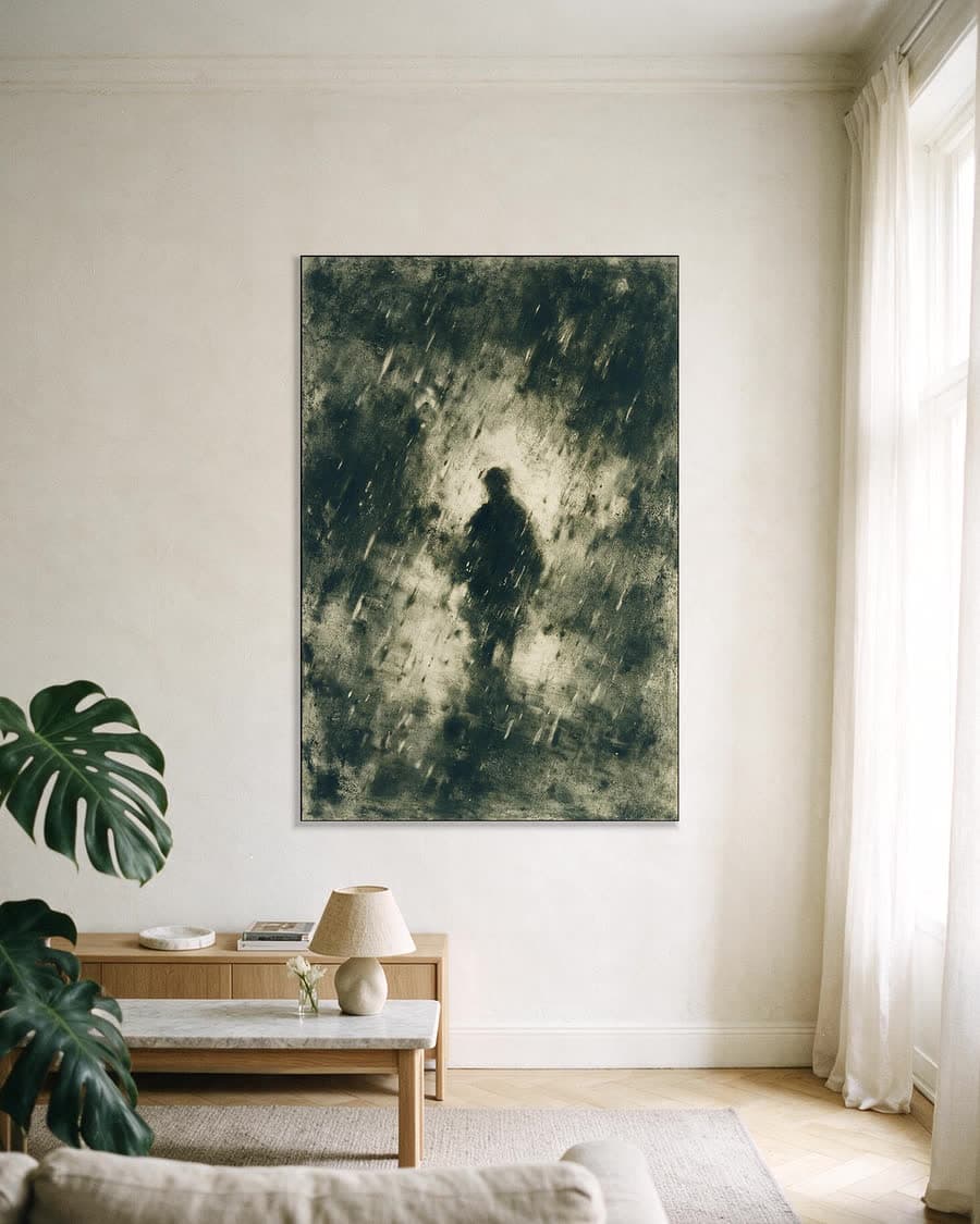 Figuur in de regen in een aluminium frame aan dezelfde muur